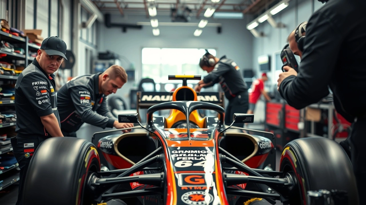 ingénieurs de Formule 1 travaillant sur une voiture