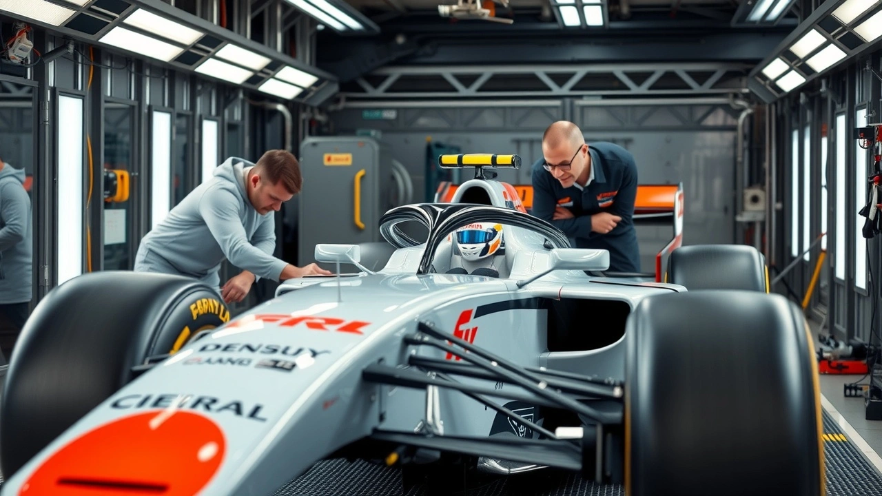 Ingénieurs examinant un cockpit de voiture de Formule 1
