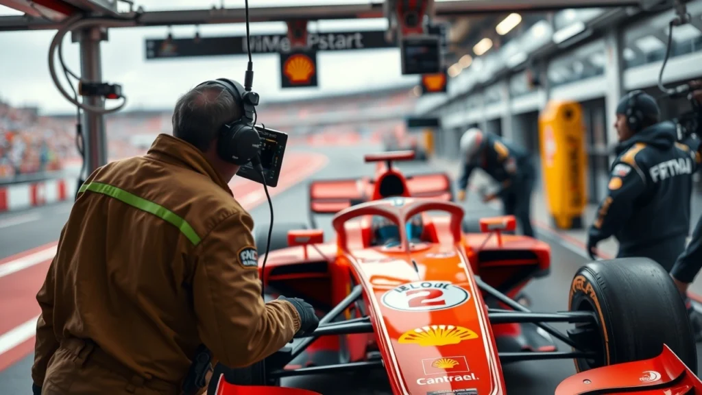 Une scène photoréaliste illustrant la communication entre pilotes et ingénieurs lors d'un arrêt au stand en F1.