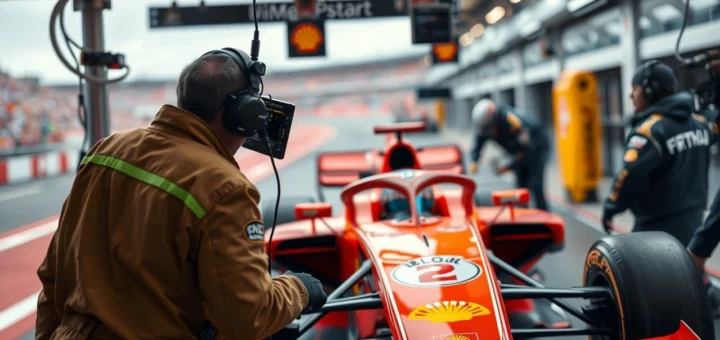 Une scène photoréaliste illustrant la communication entre pilotes et ingénieurs lors d'un arrêt au stand en F1.