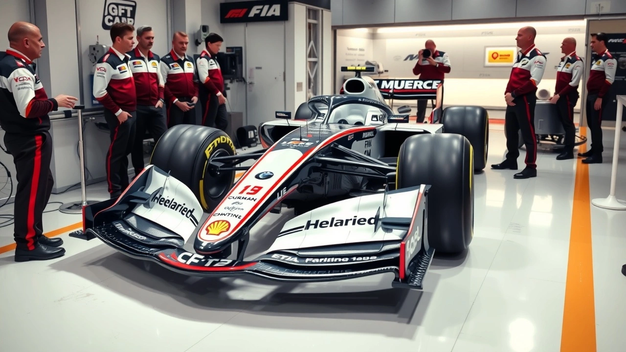 Inspection technique d'une voiture de Formule 1 avec des officiels