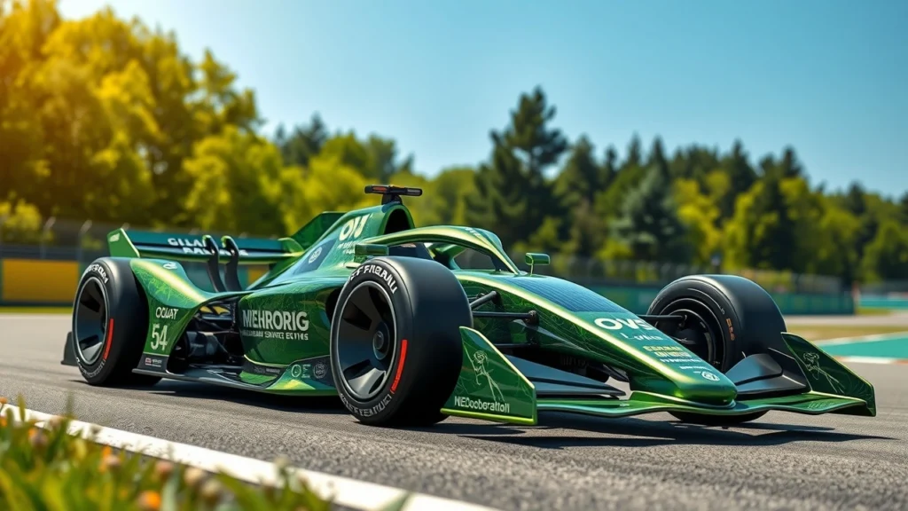 Une illustration photoréaliste d'une voiture de F1 moderne intégrant des technologies vertes.