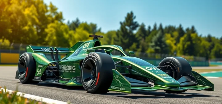 Une illustration photoréaliste d'une voiture de F1 moderne intégrant des technologies vertes.