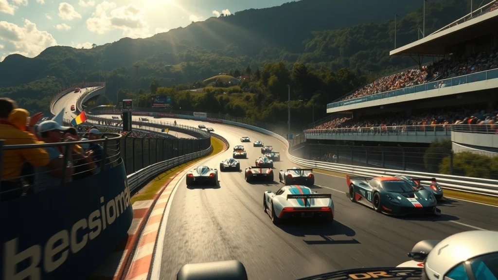 Une illustration réaliste d'une course à Interlagos avec des voitures de course sur le circuit, des spectateurs excités et un paysage brésilien en arrière-plan.