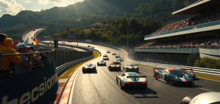 Une illustration réaliste d'une course à Interlagos avec des voitures de course sur le circuit, des spectateurs excités et un paysage brésilien en arrière-plan.