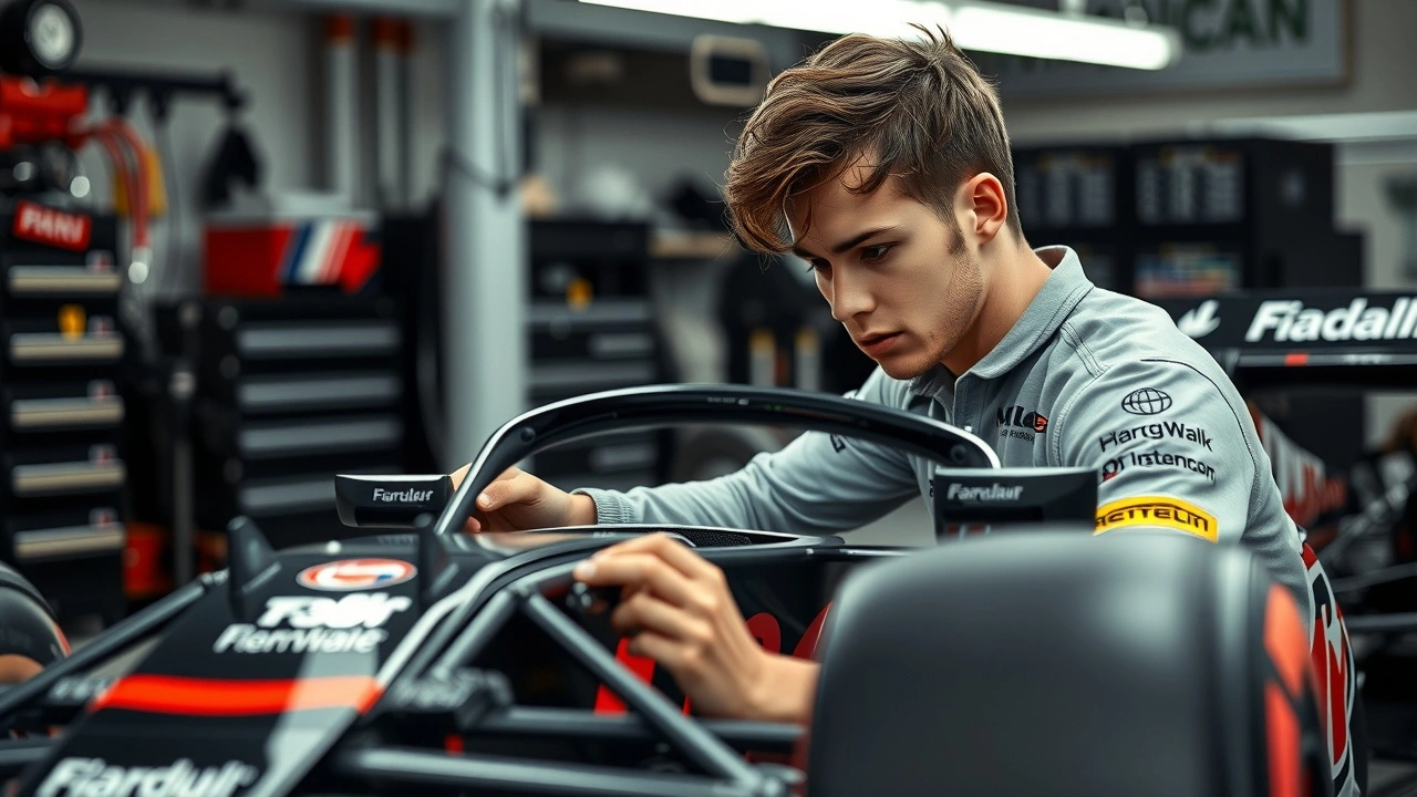 un jeune ingenieur en Formula 1 dans un garage