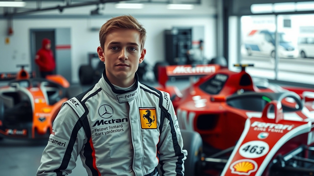 jeune pilote de F1 devant une McLaren et une Ferrari