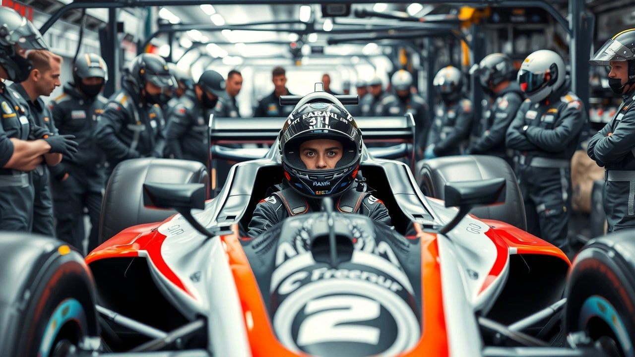 jeune pilote de Formule 1 avec son équipe dans un stand