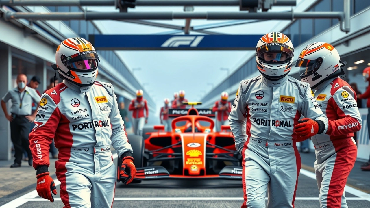 jeunes pilotes de F1 entrant dans les stands