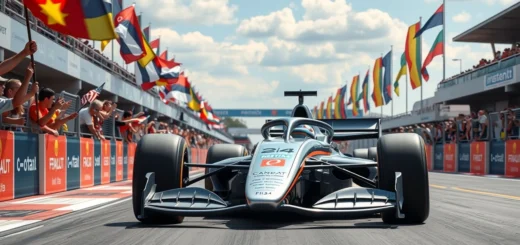 Lancement de F1 avec une foule enthousiaste sur un circuit.