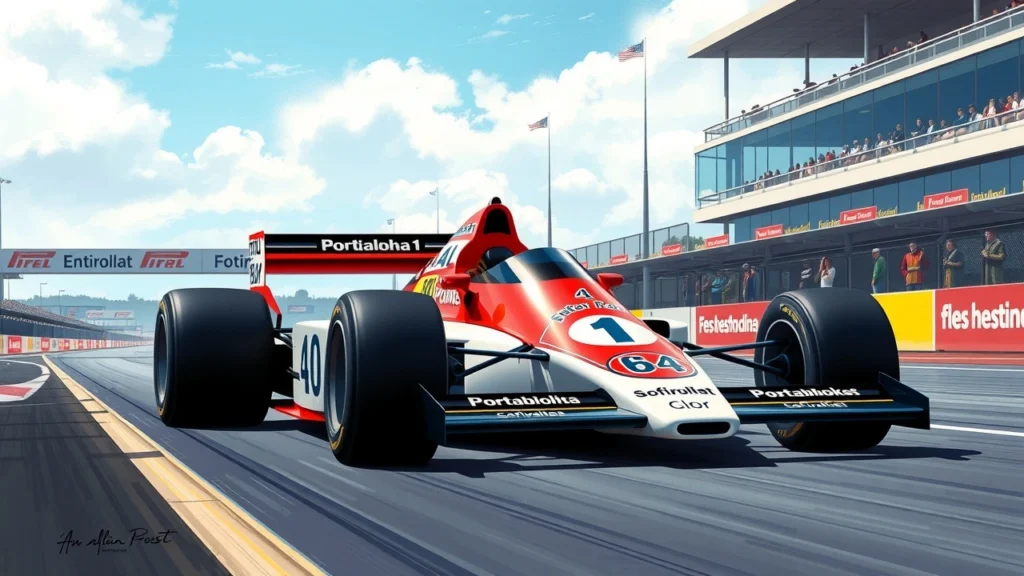 Une illustration photoréaliste d'une voiture de Formule 1 inspirée par Alain Prost, mettant en avant ses caractéristiques innovantes.