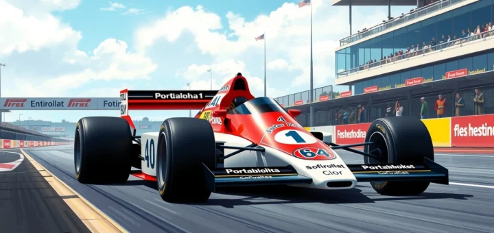 Une illustration photoréaliste d'une voiture de Formule 1 inspirée par Alain Prost, mettant en avant ses caractéristiques innovantes.