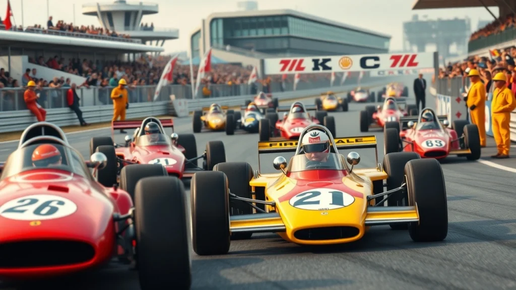 Une scène de course de Formule 1 classique avec des pilotes légendaires oubliés et des voitures vintage.