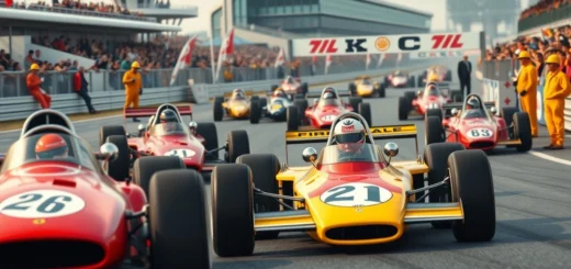 Une scène de course de Formule 1 classique avec des pilotes légendaires oubliés et des voitures vintage.