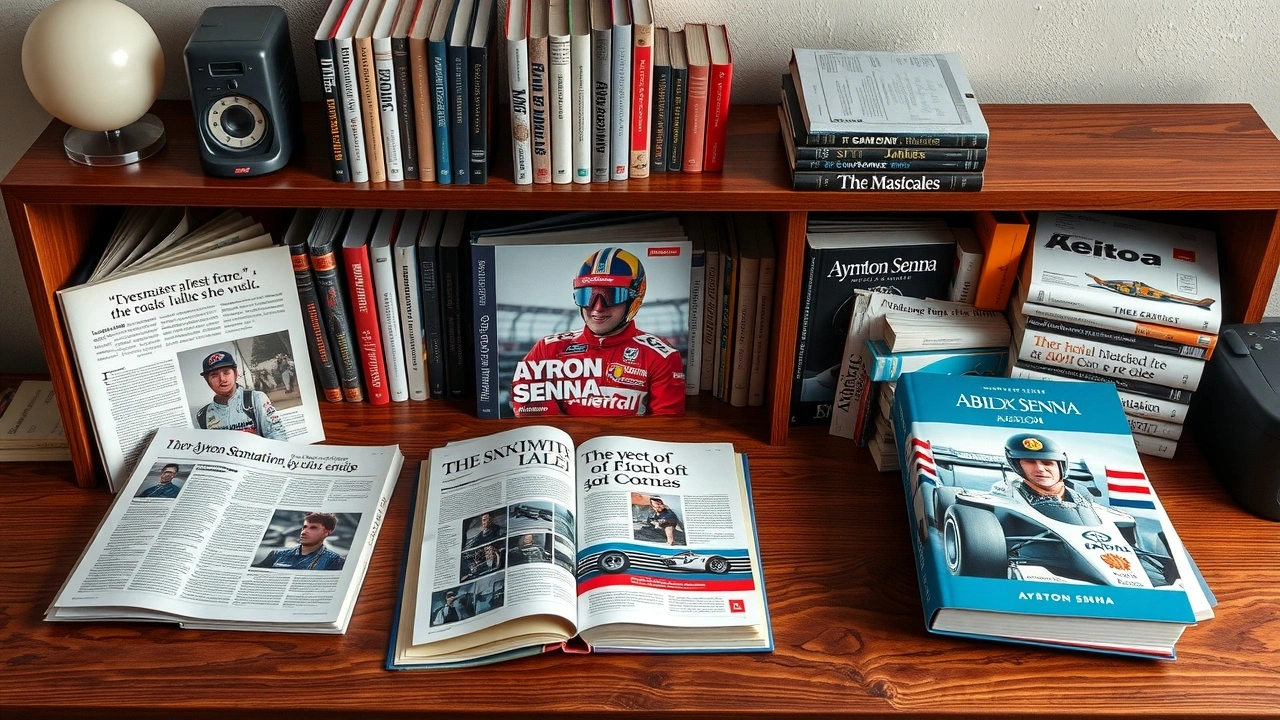 livres et articles sur Ayrton Senna sur un bureau
