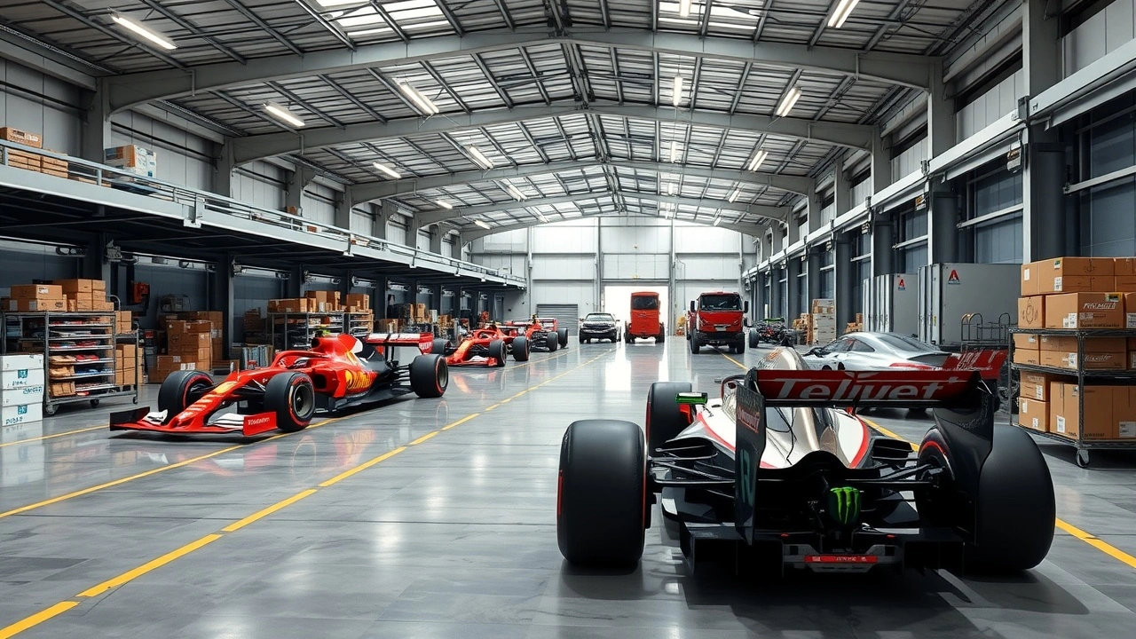 entrepot logistique de Formule 1 avec voitures et conteneurs