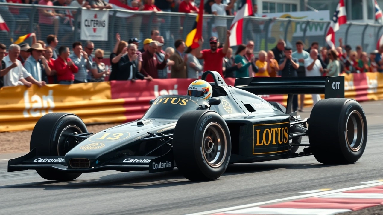Lotus 97T sur la piste avec des fans célébrant Ayrton Senna