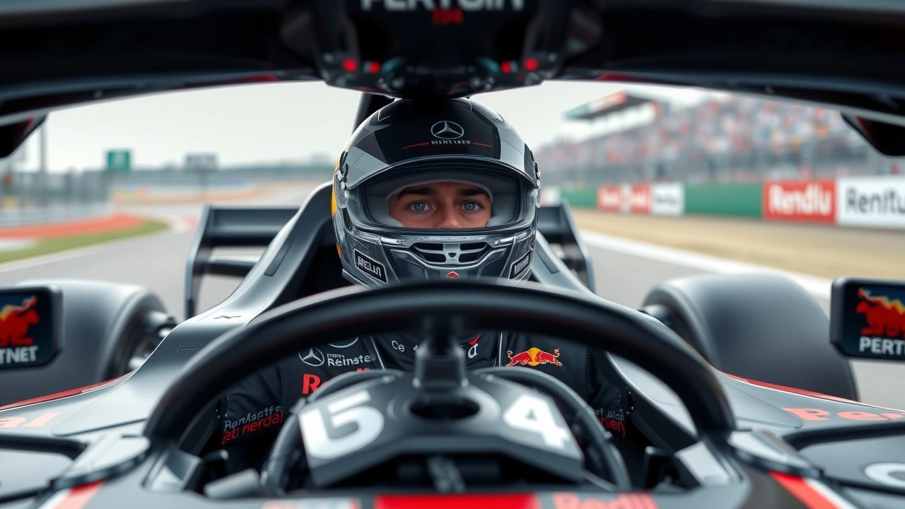 Max Verstappen dans une voiture Mercedes F1 en course
