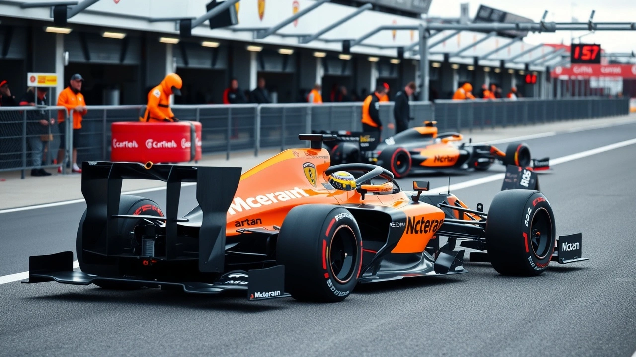 voiture de F1 McLaren avec l'équipe dans le stand