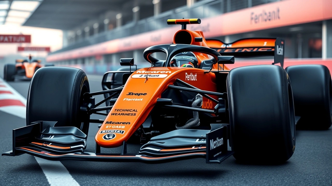voiture de formule 1 McLaren sur circuit avec problèmes techniques