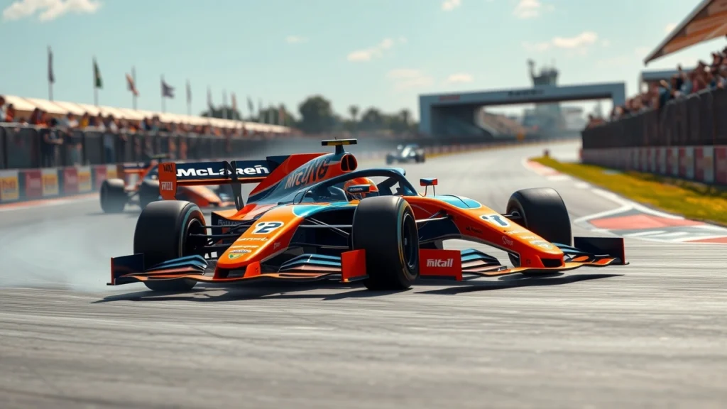 Une image d'une voiture McLaren F1 en mouvement sur une piste de course, illustrant son avantage sur la concurrence.