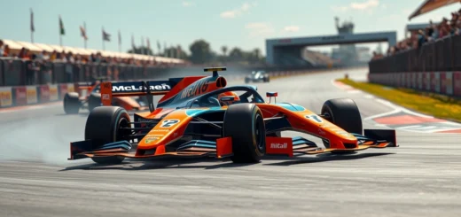 Une image d'une voiture McLaren F1 en mouvement sur une piste de course, illustrant son avantage sur la concurrence.