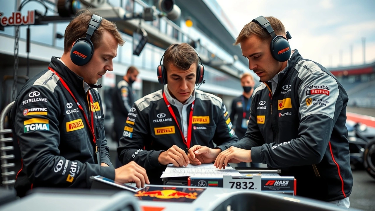 ingénieurs et mécaniciens d'équipe de course analysent des données