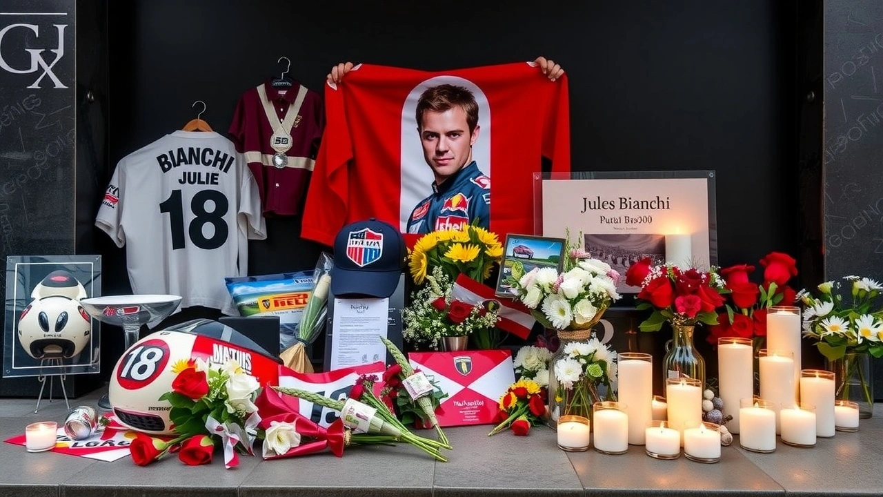 mémorial de Jules Bianchi avec des fleurs et des bougies
