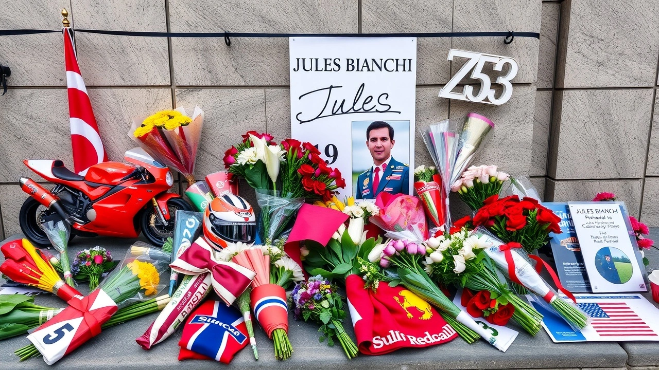 mémorial pour Jules Bianchi avec fleurs et souvenirs de course