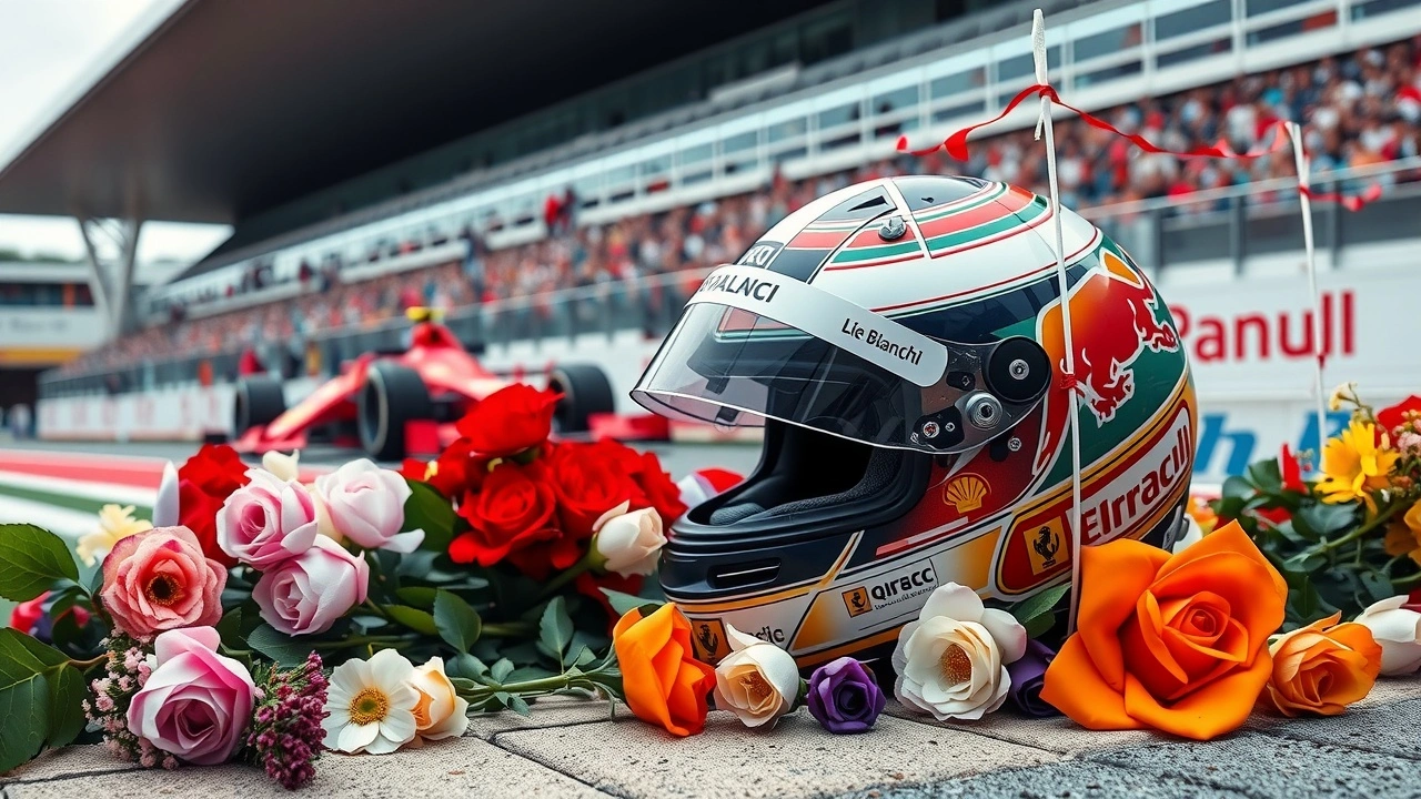 mémorial pour Jules Bianchi avec un casque et des fleurs