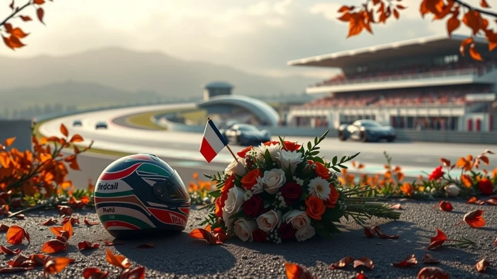 Mémorial pour Jules Bianchi au circuit de Suzuka, avec des fleurs et un casque de course.