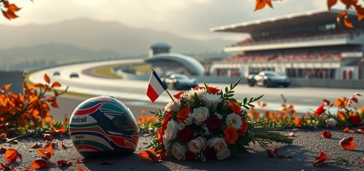 Mémorial pour Jules Bianchi au circuit de Suzuka, avec des fleurs et un casque de course.