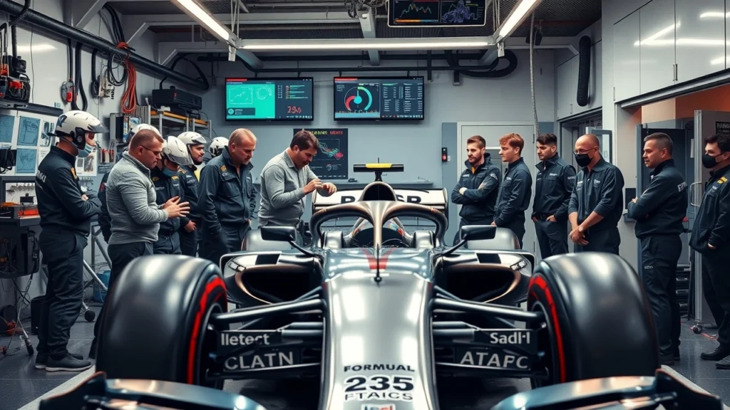 Une équipe d'ingénieurs de Formule 1 travaillant ensemble dans un garage moderne.