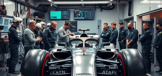 Une équipe d'ingénieurs de Formule 1 travaillant ensemble dans un garage moderne.