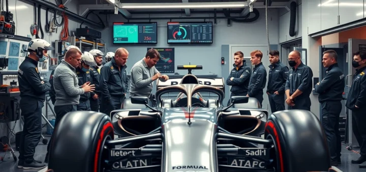 Une équipe d'ingénieurs de Formule 1 travaillant ensemble dans un garage moderne.