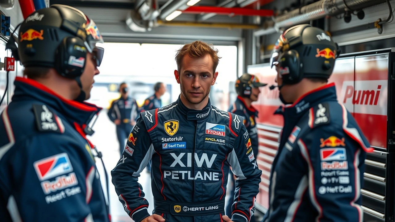 Nicolas Prost avec son equipe dans un garage de course