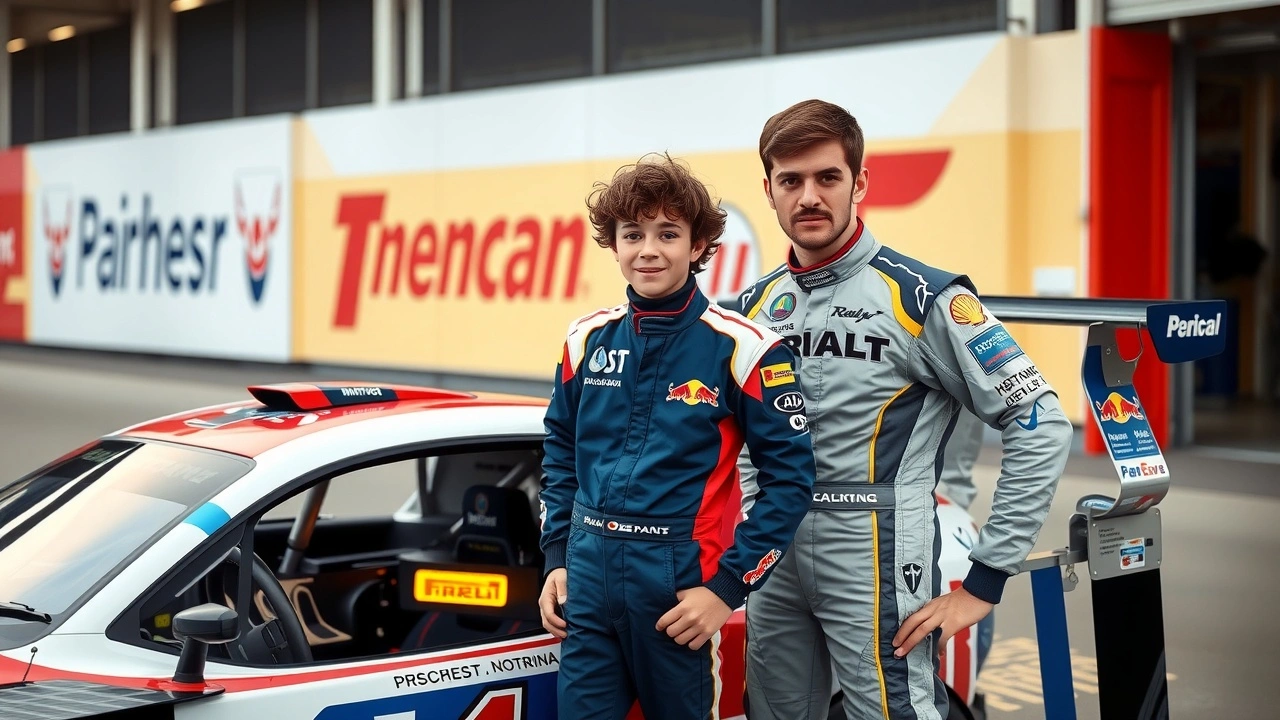 Nicolas Prost avec un jeune pilote devant une voiture de course