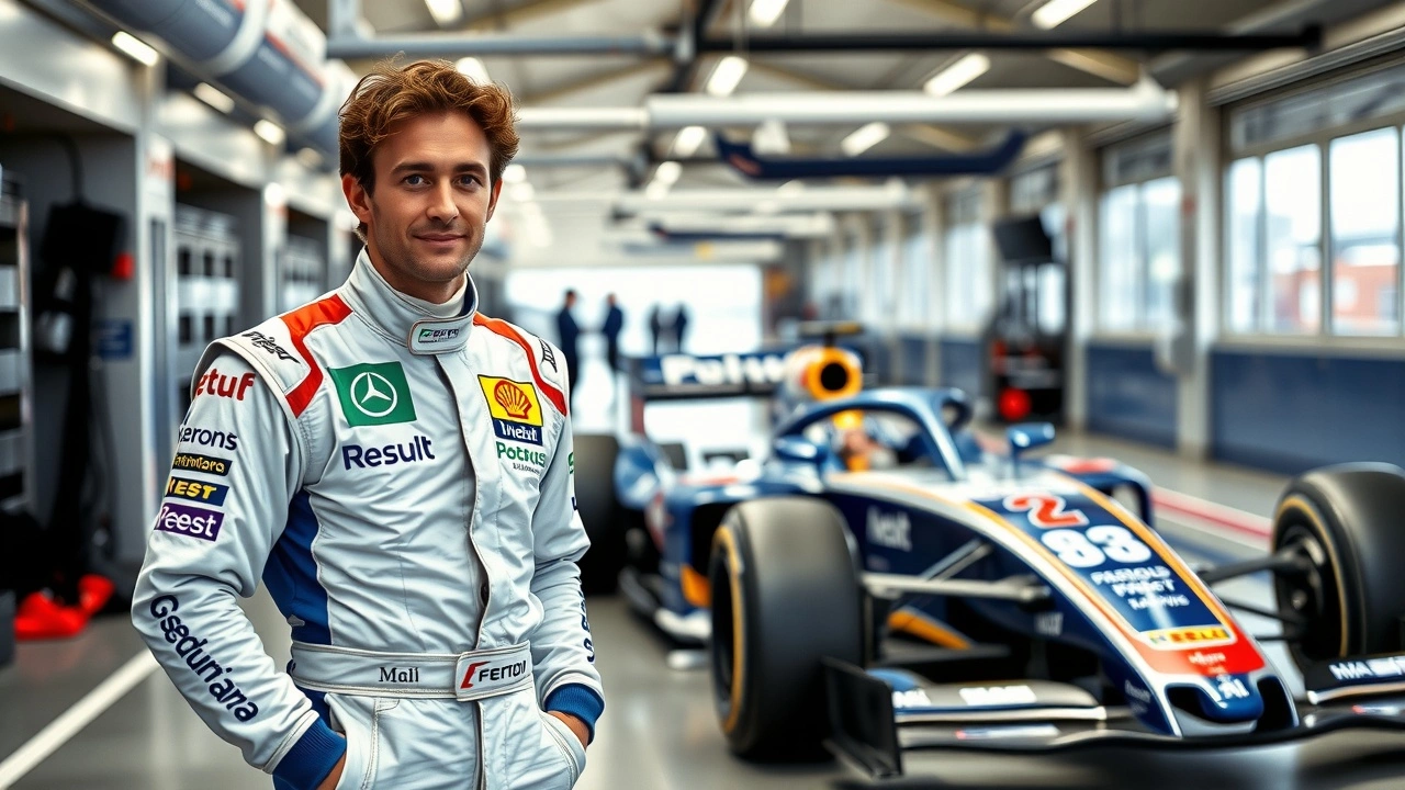 Nicolas Prost en combinaison de pilote près d'une voiture de course