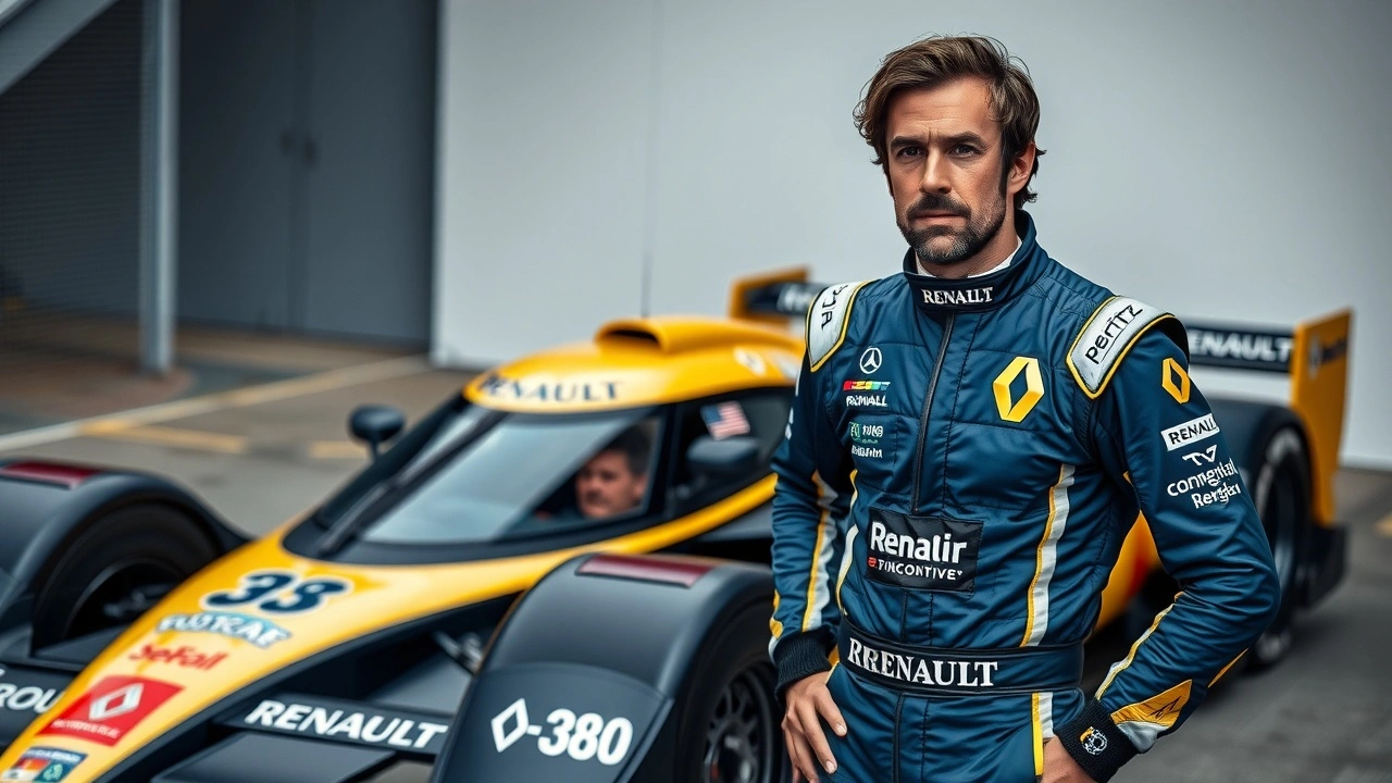 Nicolas Prost en combinaison de course à côté d'une voiture Renault