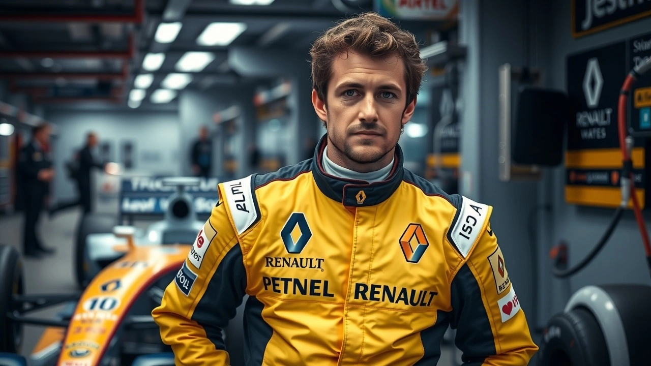Nicolas Prost en tenue de course Renault dans un garage