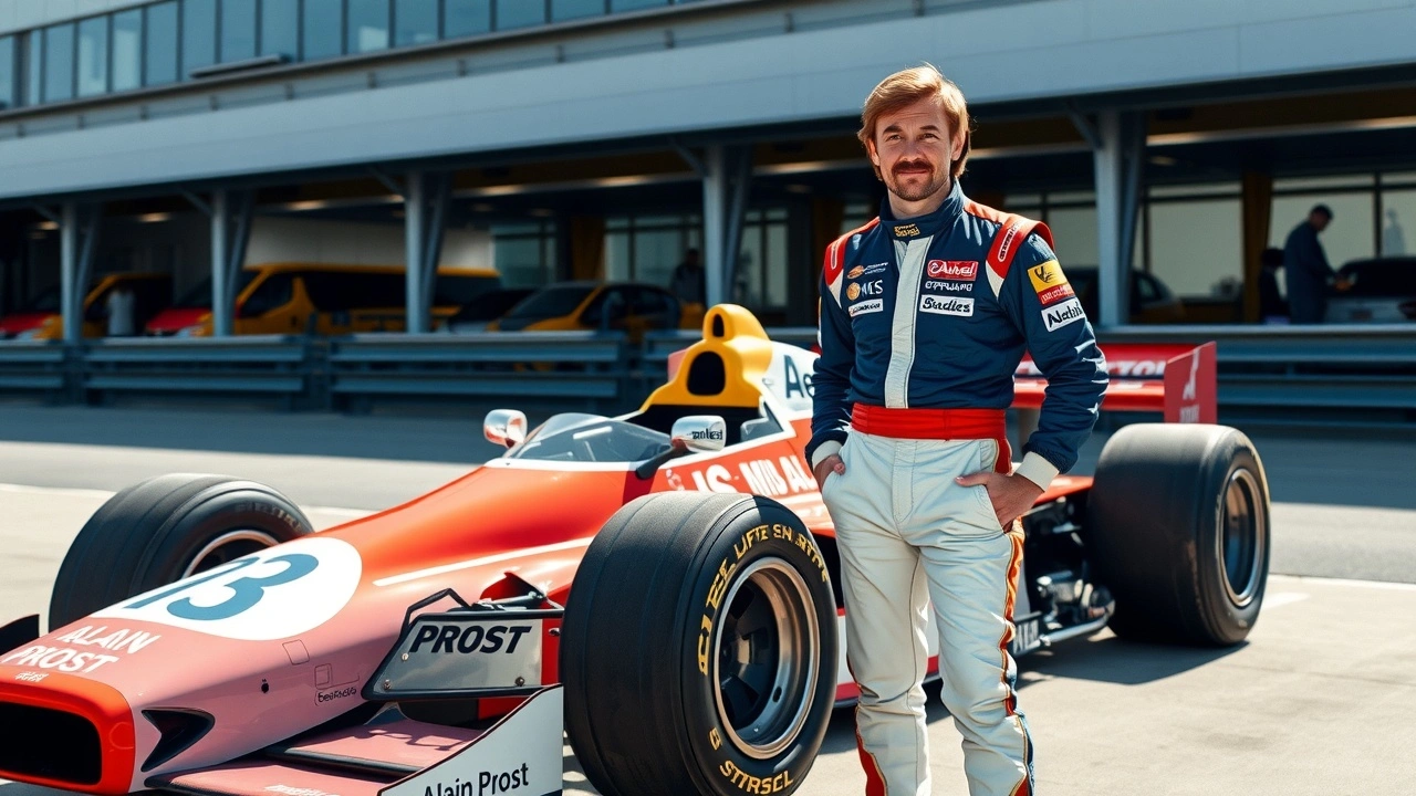 Nicolas Prost en combinaison de course à côté d'une voiture de F1