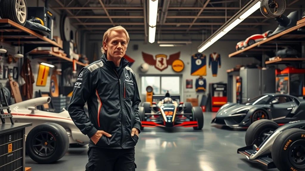 Nicolas Prost dans un atelier automobile moderne entouré de technologie de pointe et de conceptions de voitures innovantes.