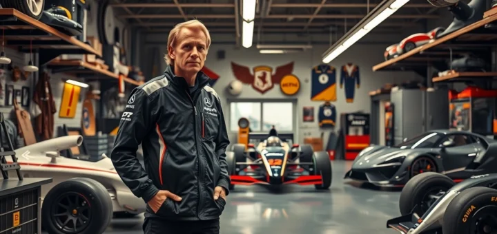 Nicolas Prost dans un atelier automobile moderne entouré de technologie de pointe et de conceptions de voitures innovantes.