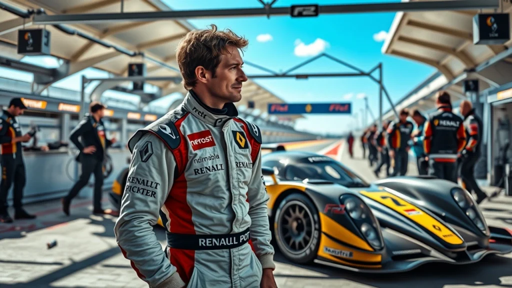 Nicolas Prost réfléchissant à son avenir en endurance à côté d'une voiture de course Renault.