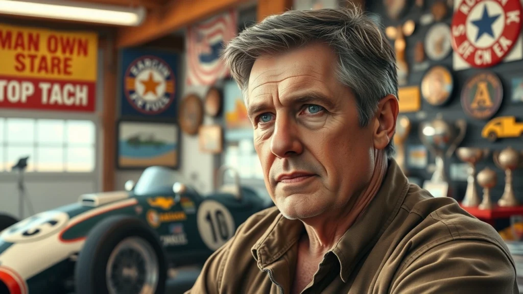 Portrait d'un homme moyen âge dans un garage de course, réfléchissant à sa carrière influencée par son père.