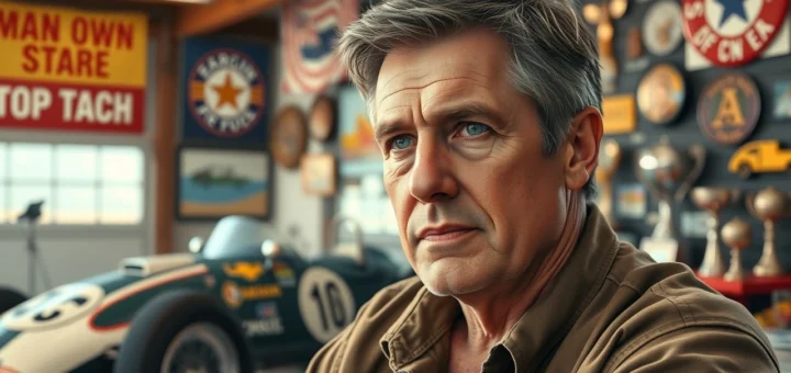 Portrait d'un homme moyen âge dans un garage de course, réfléchissant à sa carrière influencée par son père.
