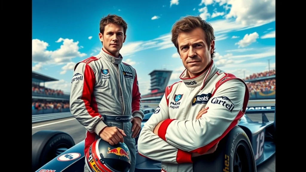 Un portrait photoréaliste de Nicolas Prost au bord d'une voiture de course sur un circuit.