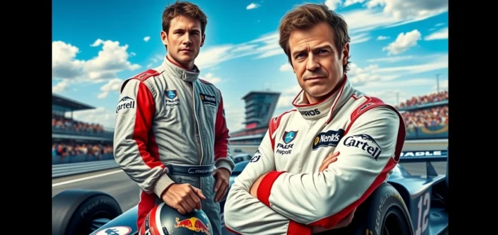 Un portrait photoréaliste de Nicolas Prost au bord d'une voiture de course sur un circuit.