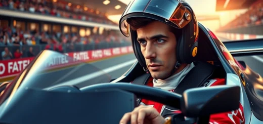 Une image photorealiste de Nicolas Prost en pleine course, mettant en valeur sa carrière entre l'ombre paternelle et l'éclat personnel.