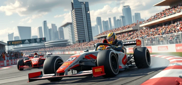 Une illustration de Nicolas Prost en pleine course sur un circuit moderne, représentant l'héritage d'un nom célèbre.